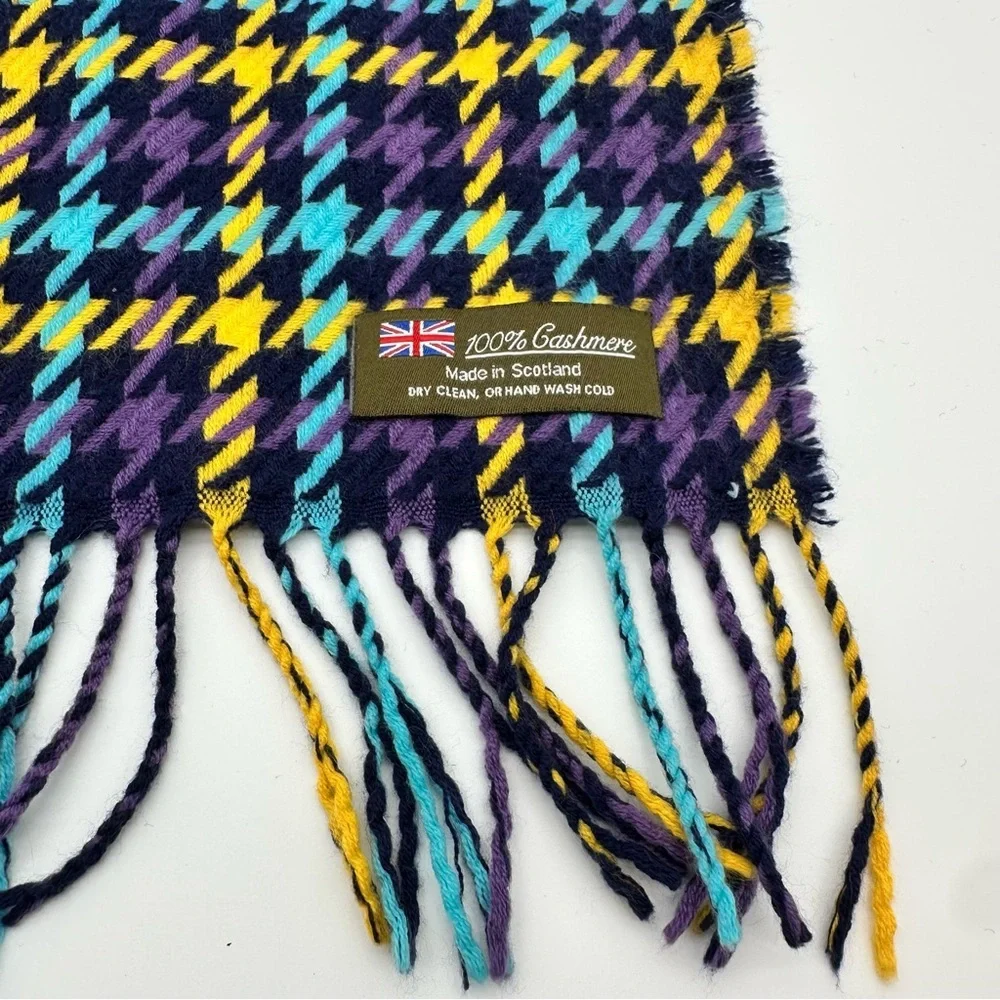 100% Cashmere Plaid Houndstooth Multicolor Scarf with Fringe